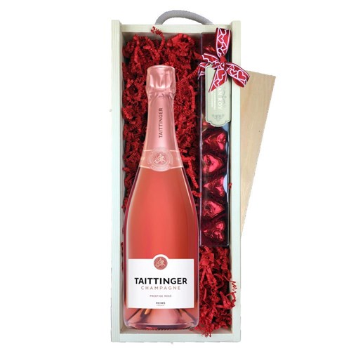 Taittinger Rose Champagne 75cl & Chocolate Praline Hearts, Wooden Box